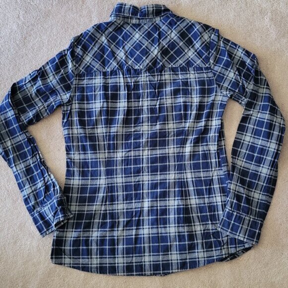 Roots Flannel Plaid Button Down Shirt Women's Size S Roots Canada Blue Gray Plai - Picture 7 of 8